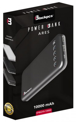 Power Bank Ares Blackpcs EPBGY9-10000, Gris, Universal, 10000 mAh, 5 V, Polímero de litio
